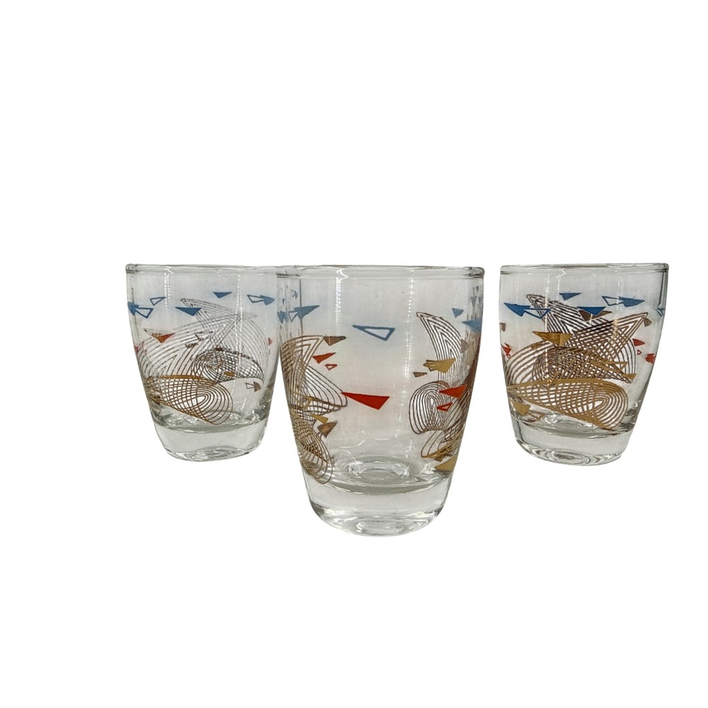 Vintage Mid Century Modern Shot Glass Set 8pc Atomic Snowflake Geometric Gold - Picture 2 of 6